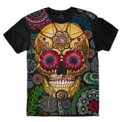 Camiseta Caveira Mexicana Flores