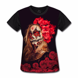 Camiseta Baby Look Caveira Mexicana Rosas Vermelhas (Feminina) 