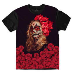 Camiseta Caveira Mexicana Rosas Vermelhas (Default)